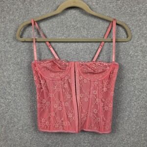 SheInm Bustier Corset Top Womens XS Pink Lace Up Floral Lace Lingerie Sheer